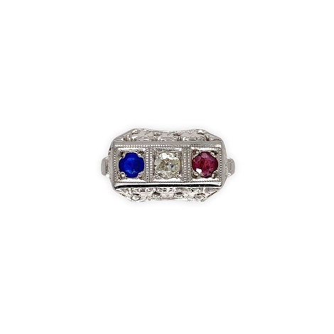 14K Gold Ring Stone Ring with Ruby, Synthetic Sapphire and Diamond   j7638